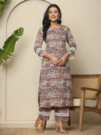 Yufta Beige Cotton Geometric Print Straight Kurta Pant Dupatta Set | Grocsy
