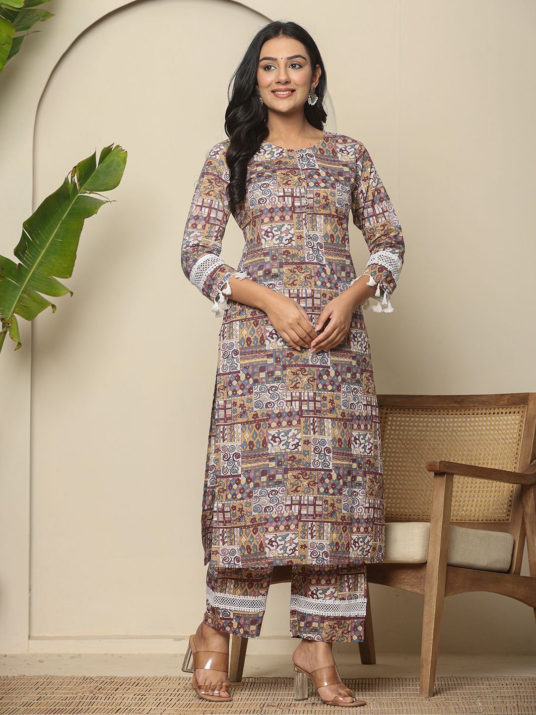 Yufta Beige Cotton Geometric Print Straight Kurta Pant Dupatta Set | Grocsy