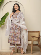 Yufta Beige Cotton Geometric Print Straight Kurta Pant Dupatta Set | Grocsy
