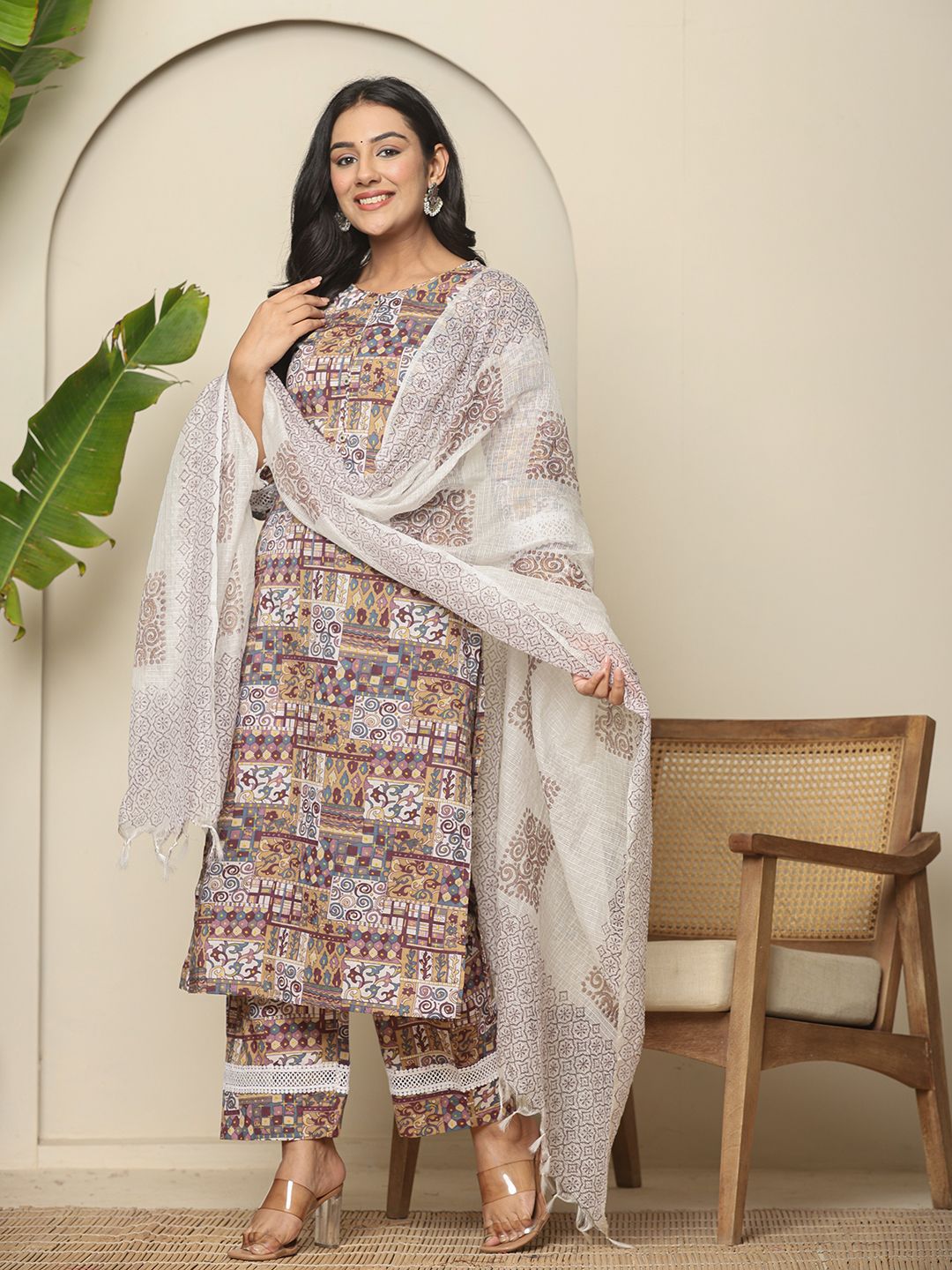 Yufta Beige Cotton Geometric Print Straight Kurta Pant Dupatta Set | Grocsy