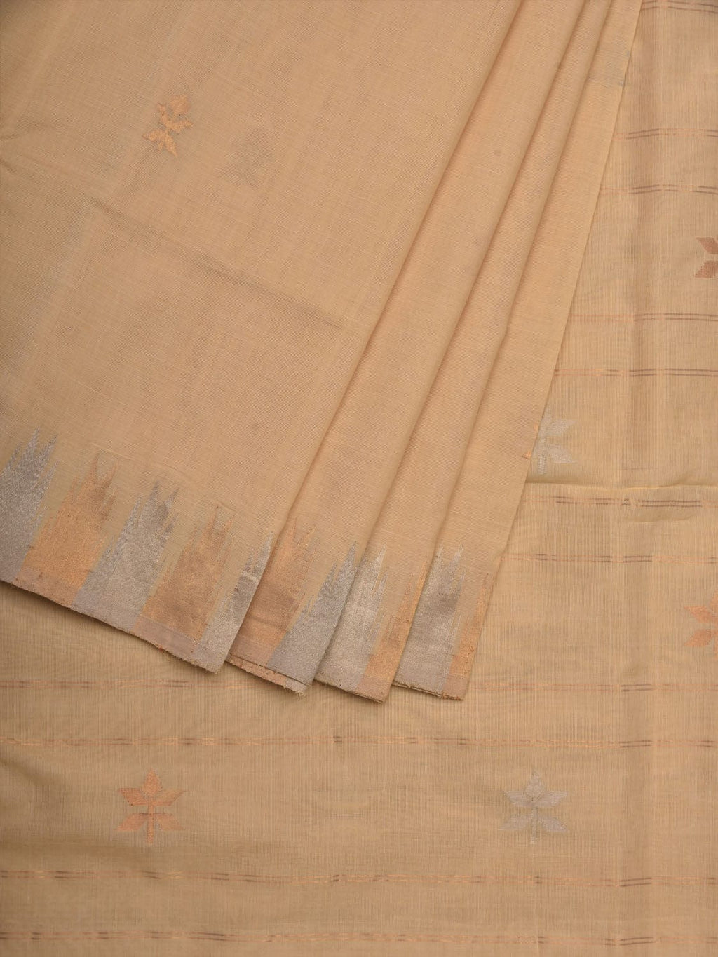 Beige Khadi Cotton Handloom Saree with Temple Border Design - Global Threads | Grocsy