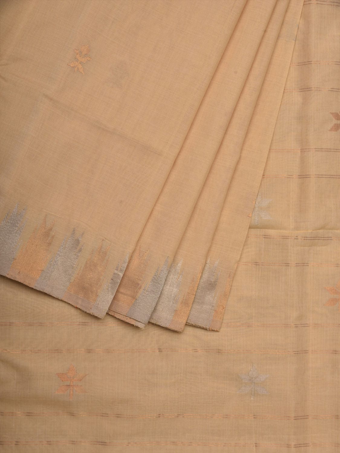 Beige Khadi Cotton Handloom Saree with Temple Border Design - Global Threads | Grocsy