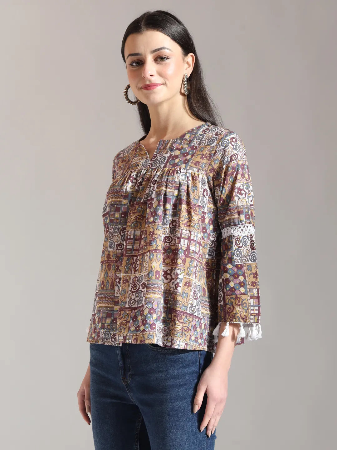Yufta Beige Pure Cotton Geometric Gathered Or Pleated Top | Grocsy