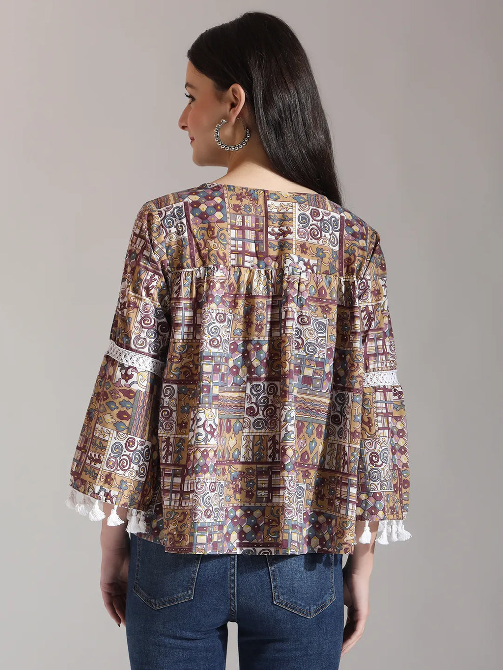 Yufta Beige Pure Cotton Geometric Gathered Or Pleated Top | Grocsy