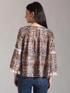 Yufta Beige Pure Cotton Geometric Gathered Or Pleated Top | Grocsy