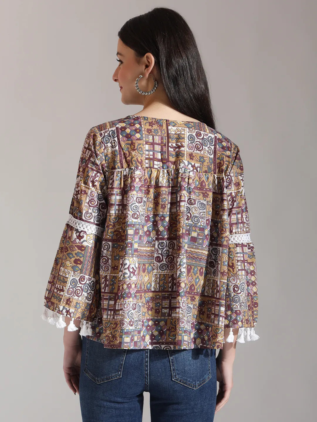 Yufta Beige Pure Cotton Geometric Gathered Or Pleated Top | Grocsy