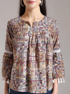 Yufta Beige Pure Cotton Geometric Gathered Or Pleated Top | Grocsy