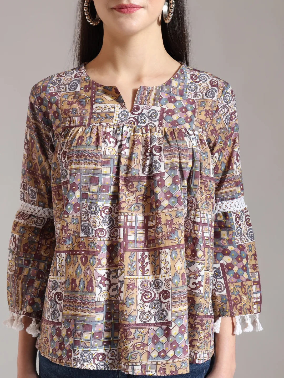 Yufta Beige Pure Cotton Geometric Gathered Or Pleated Top | Grocsy