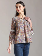Yufta Beige Pure Cotton Geometric Gathered Or Pleated Top | Grocsy