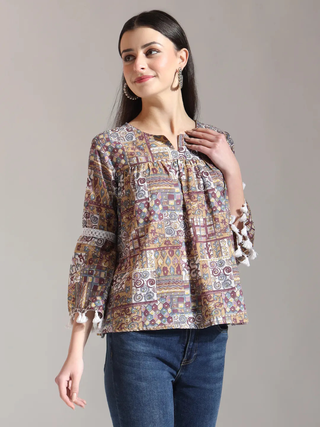 Yufta Beige Pure Cotton Geometric Gathered Or Pleated Top | Grocsy