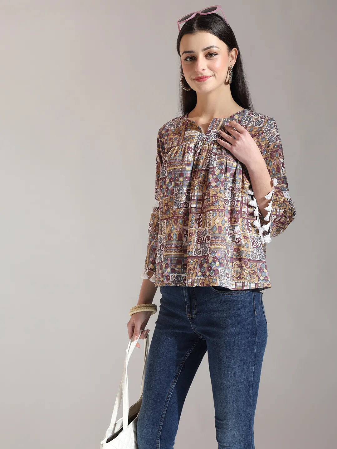Yufta Beige Pure Cotton Geometric Gathered Or Pleated Top | Grocsy