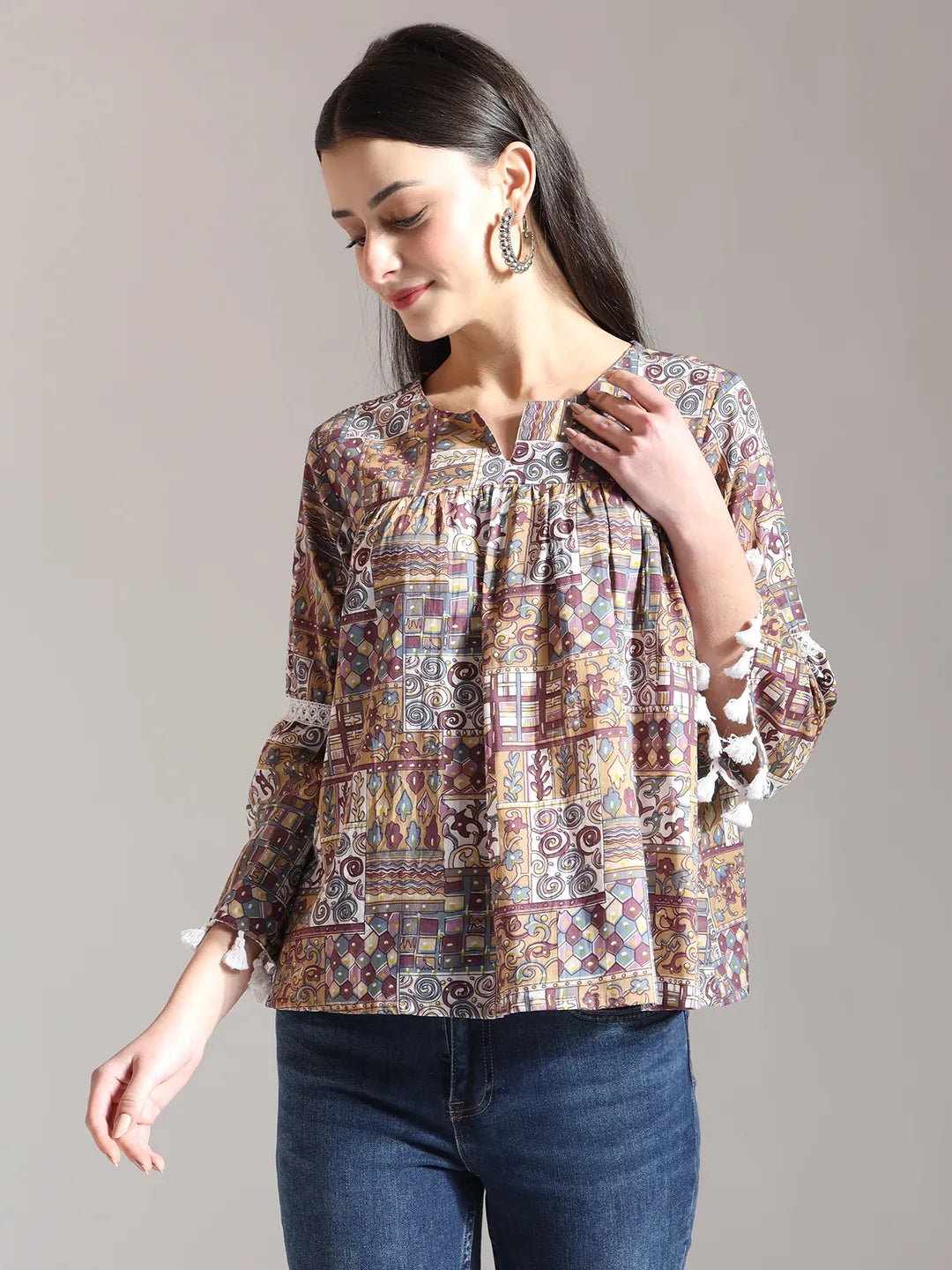 Yufta Beige Pure Cotton Geometric Gathered Or Pleated Top | Grocsy