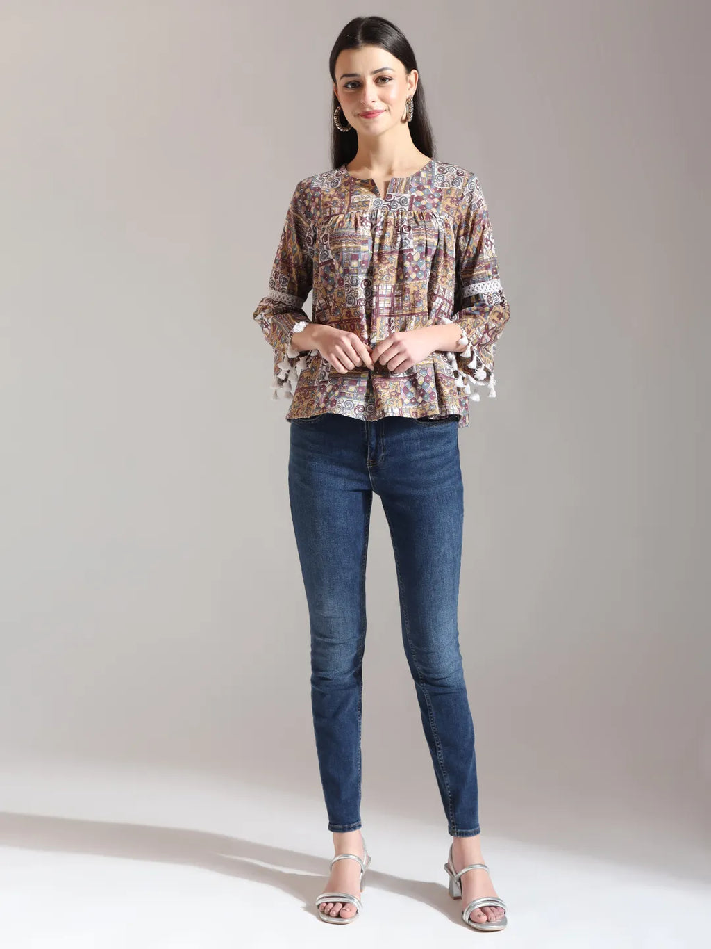 Yufta Beige Pure Cotton Geometric Gathered Or Pleated Top | Grocsy