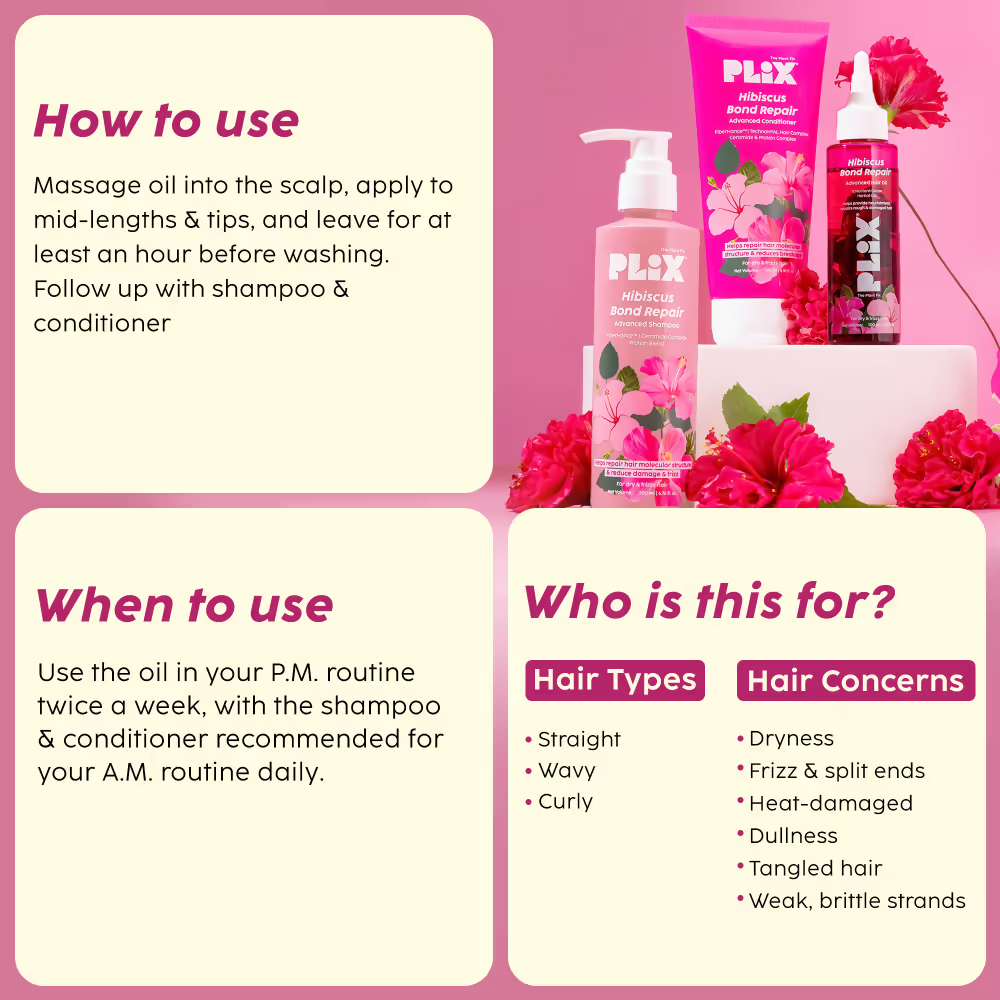 PLIX The Plant Fix Hibiscus Bond Repair Advanced Hair Oil, Shampoo & Conditioner | Grocsy