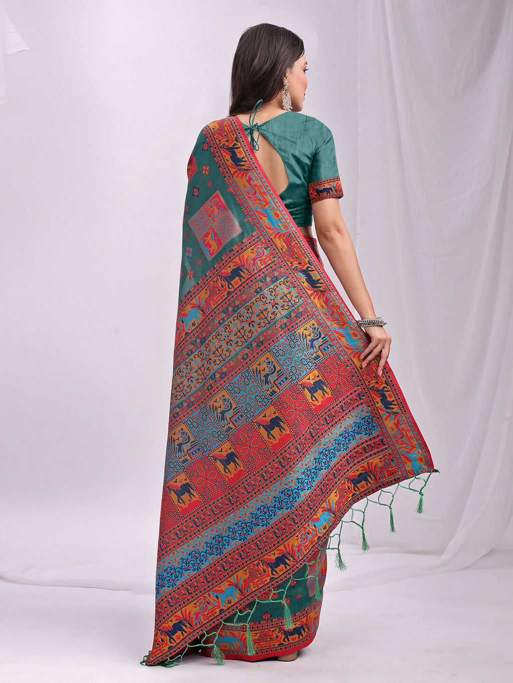 Shree Shyam Fashion Vastraloom Rama Green Linen Cotton Saree | Grocsy