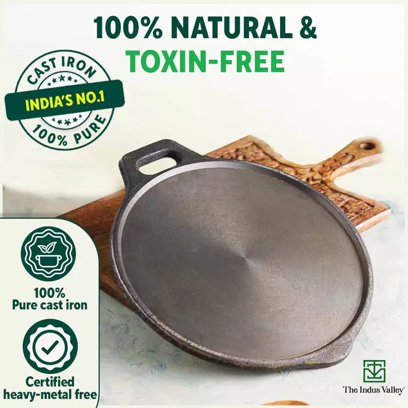 The Indus Valley Super Smooth Cast Iron Tawa,Pre-seasoned, Nonstick, 100% Pure, Toxin-free, Induction, 28/30.5cm, 2.8/2.9kg | Grocsy