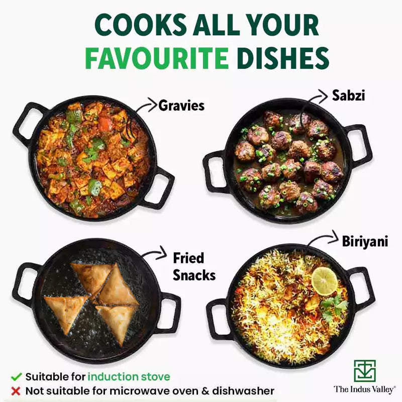 The Indus Valley CASTrong Cast Iron Kadai, Pre-seasoned, Nonstick, 100% Pure, Toxin-free, Induction, 21/25cm, 1.7L/3.3kg | Grocsy