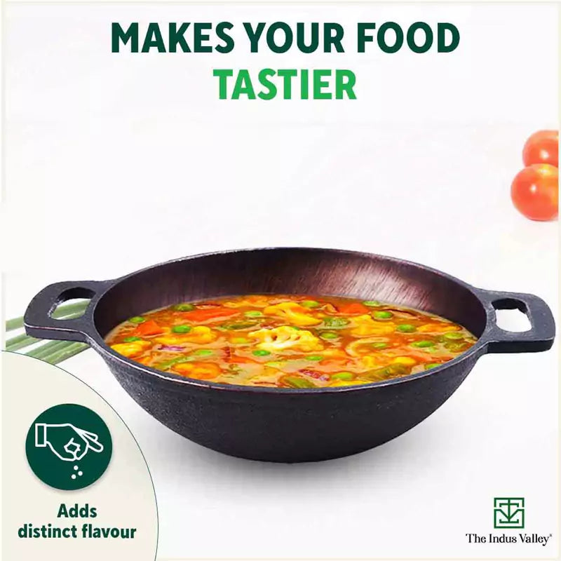 The Indus Valley Super Smooth Cast Iron Kadai,Pre-seasoned, Nonstick, 100% Pure, Toxin-free, Spatula, 25.4cm, 2.5L, 2.4kg | Grocsy