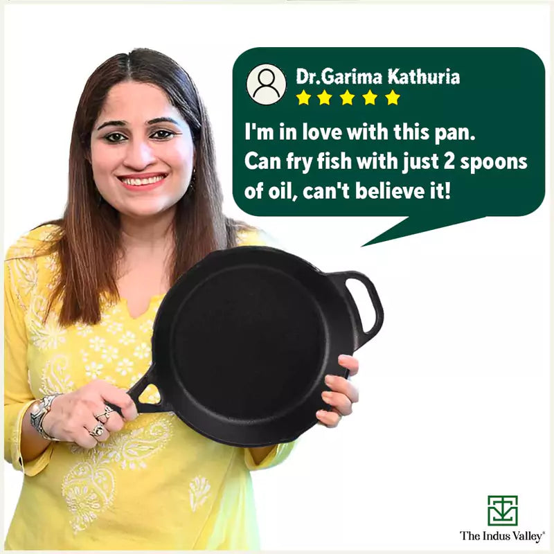 The Indus Valley CASTrong Cast Iron Fry Pan/Skillet, Pre-seasoned, Nonstick, 100% Pure, Toxin-free, Induction,Spatula, 25.4cm, 1.7L, 2.3kg | Grocsy