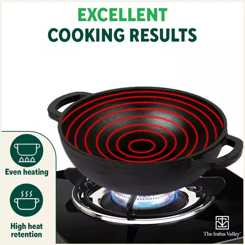 The Indus Valley CASTrong Cast Iron Kadai ,Pre-seasoned, Nonstick, 100% Pure, Toxin-free, Induction, Spatula, 25.4 cm, 2.3L, 2.5kg | Grocsy