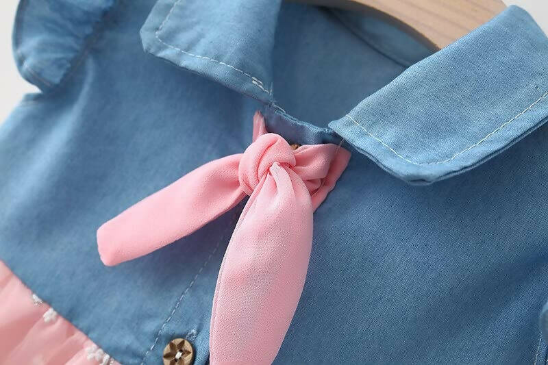 Bold N Elegant Cap Sleeve Denim Embroidered Midi Party Dress Frock with Hat Dress - Floral Pink | Grocsy