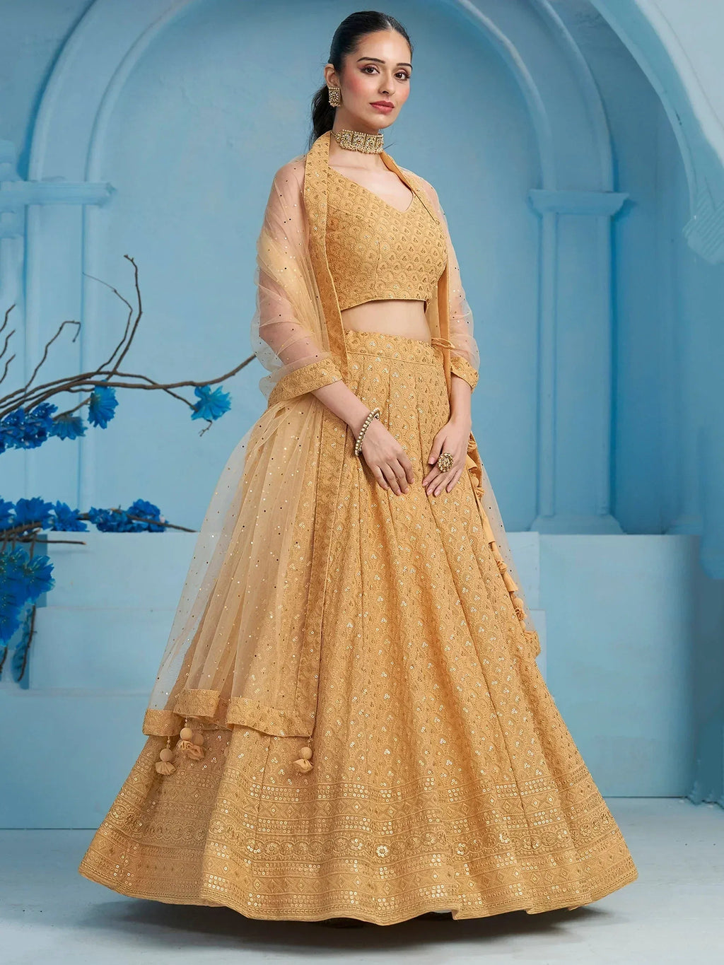 Tulsi Art Bewitching Beige Thread Embroidered Georgette Monochrome Lehenga Choli | Grocsy