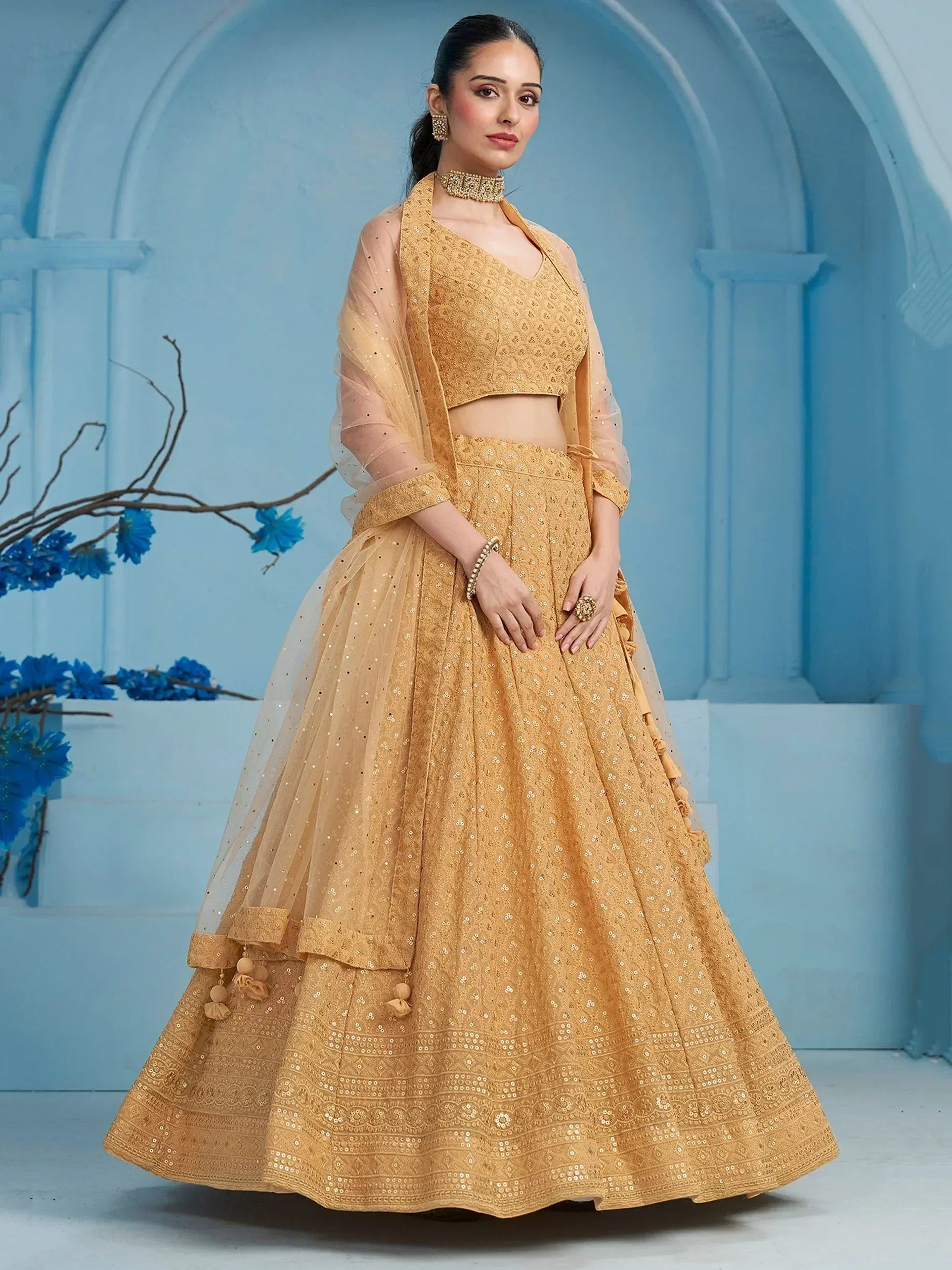 Tulsi Art Bewitching Beige Thread Embroidered Georgette Monochrome Lehenga Choli | Grocsy