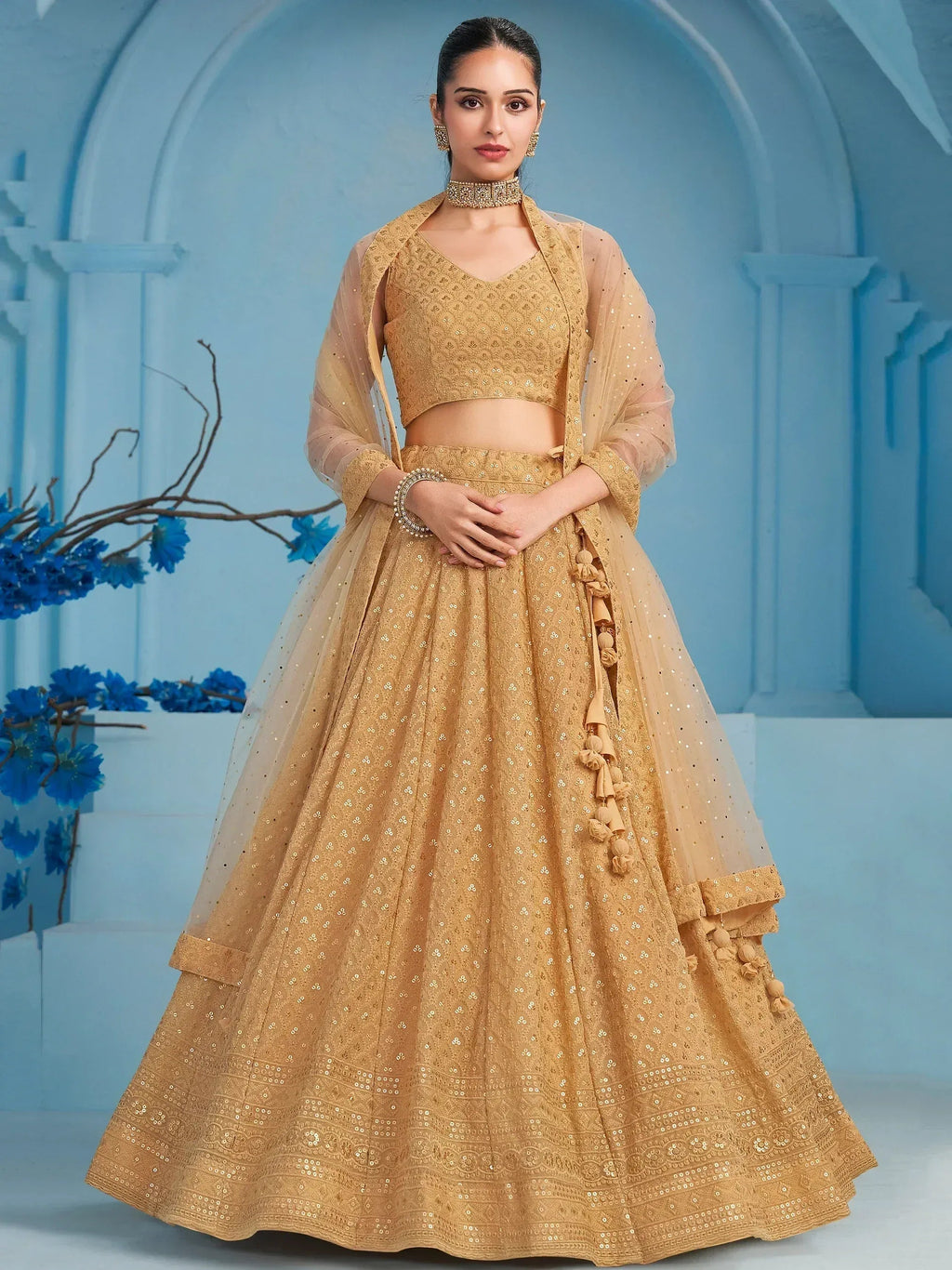 Tulsi Art Bewitching Beige Thread Embroidered Georgette Monochrome Lehenga Choli | Grocsy