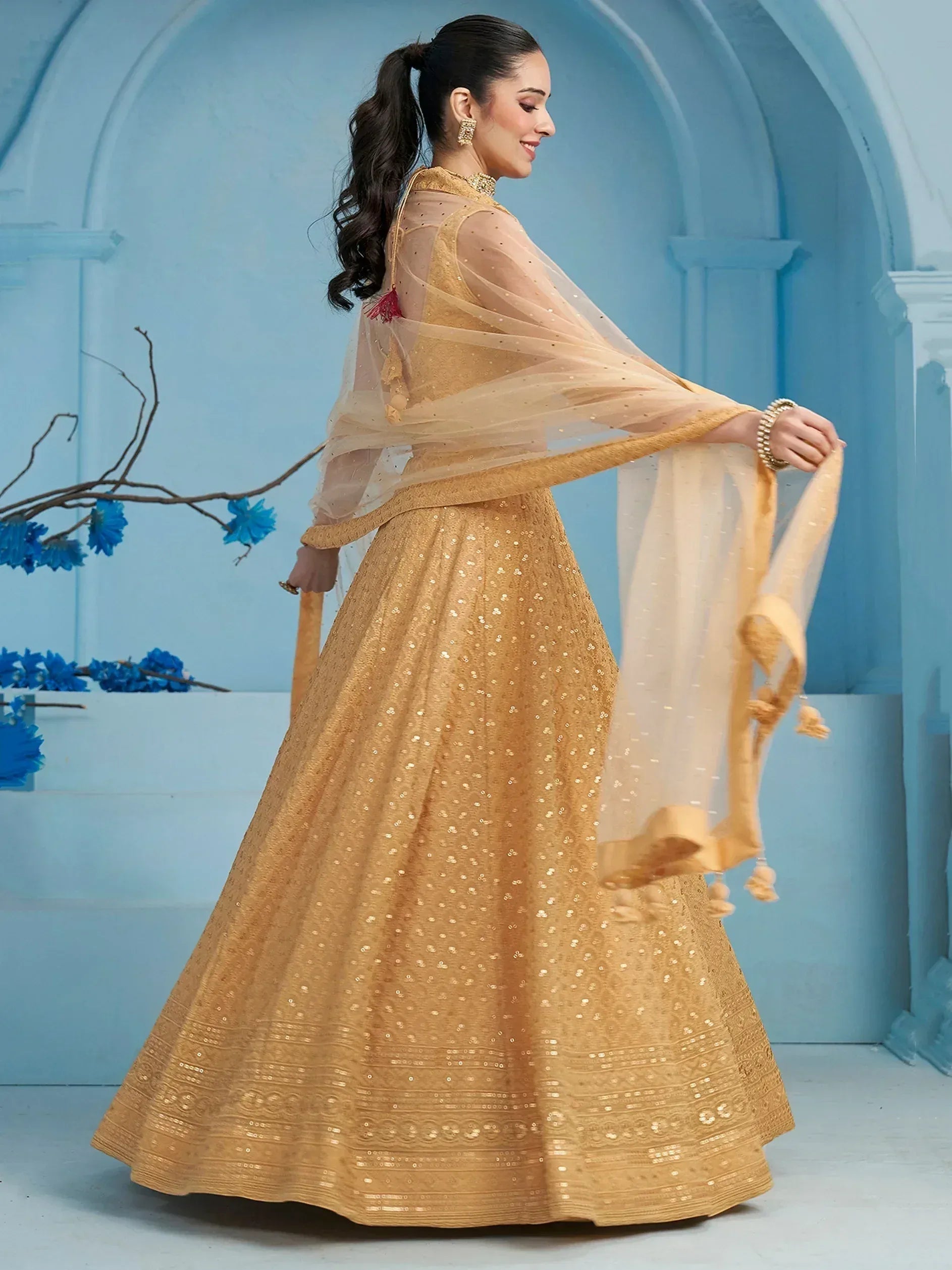 Tulsi Art Bewitching Beige Thread Embroidered Georgette Monochrome Lehenga Choli | Grocsy