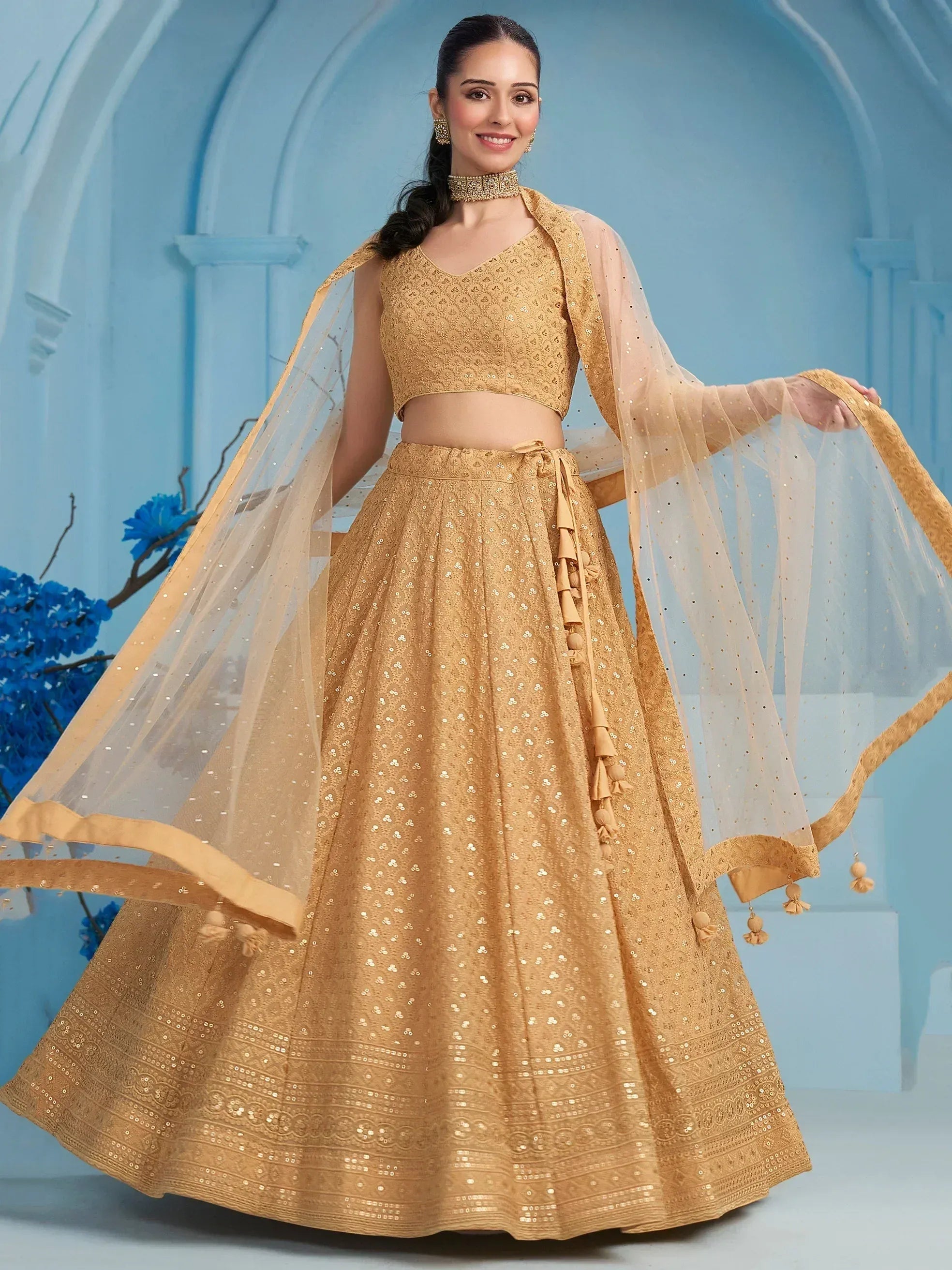 Tulsi Art Bewitching Beige Thread Embroidered Georgette Monochrome Lehenga Choli | Grocsy