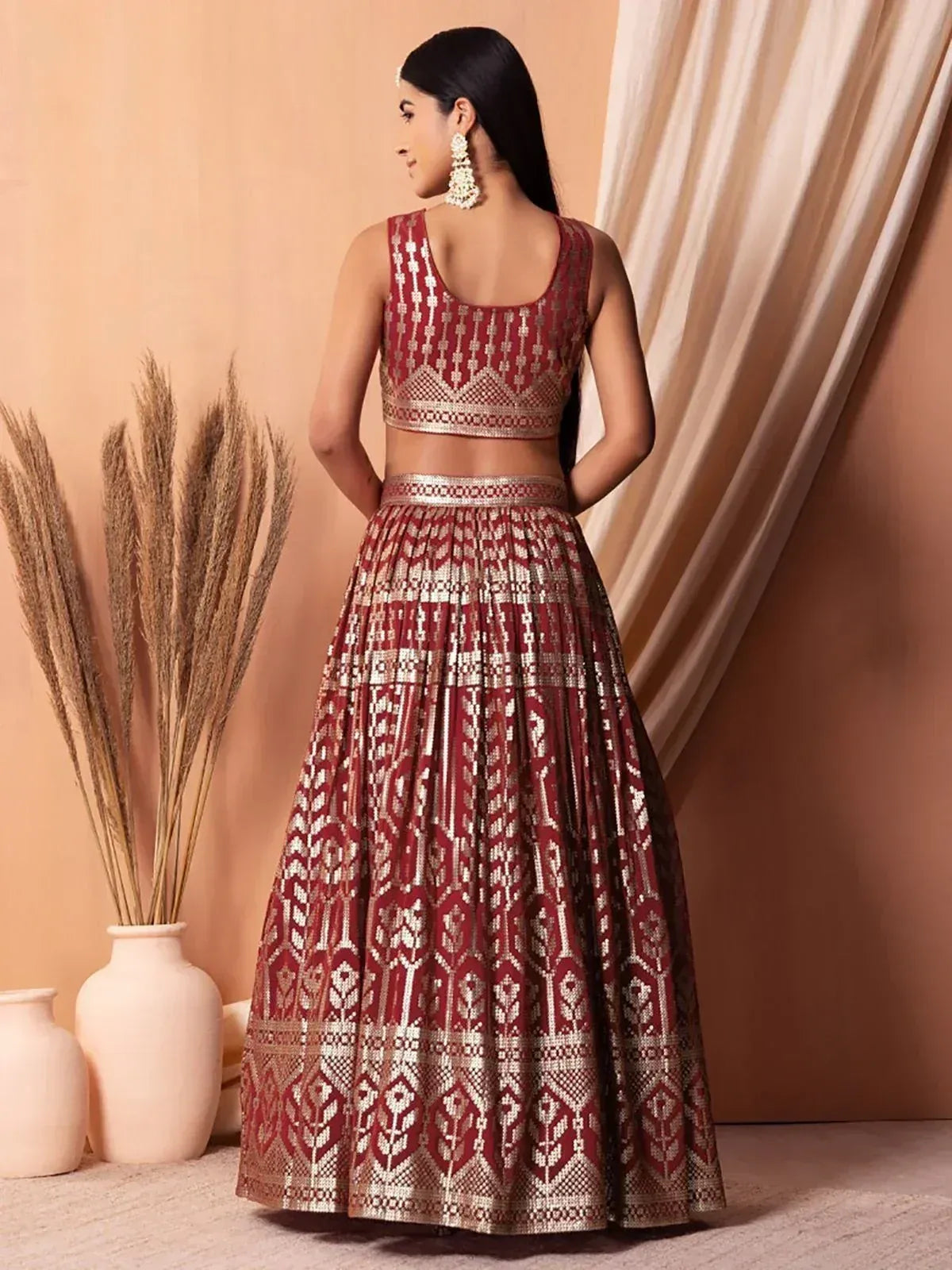 Tulsi Art Bewitching Maroon Sequins Georgette Wedding Wear Lehenga Choli | Grocsy