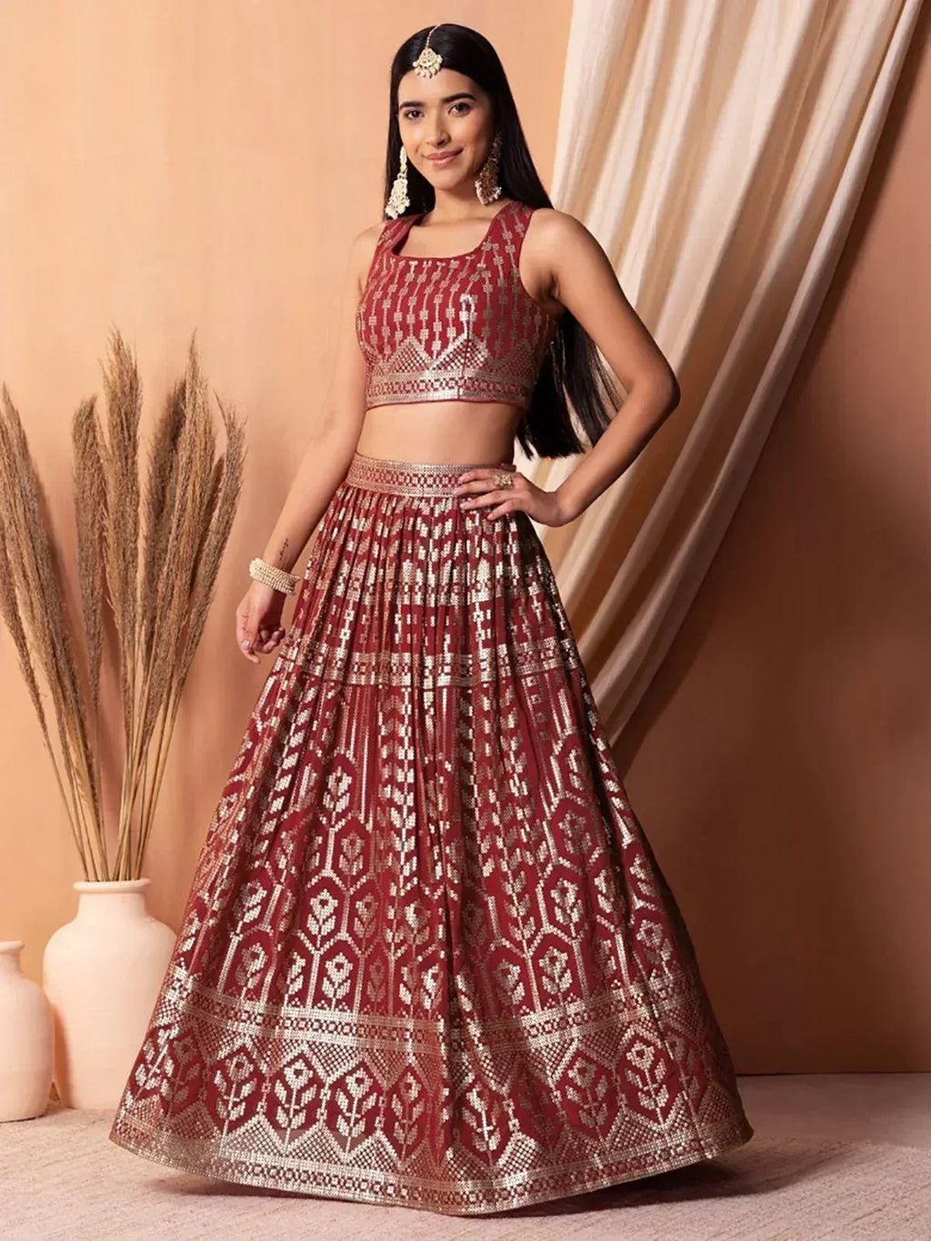 Tulsi Art Bewitching Maroon Sequins Georgette Wedding Wear Lehenga Choli | Grocsy