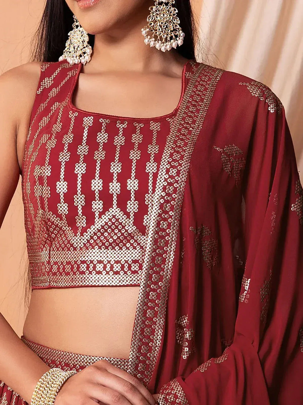 Tulsi Art Bewitching Maroon Sequins Georgette Wedding Wear Lehenga Choli | Grocsy