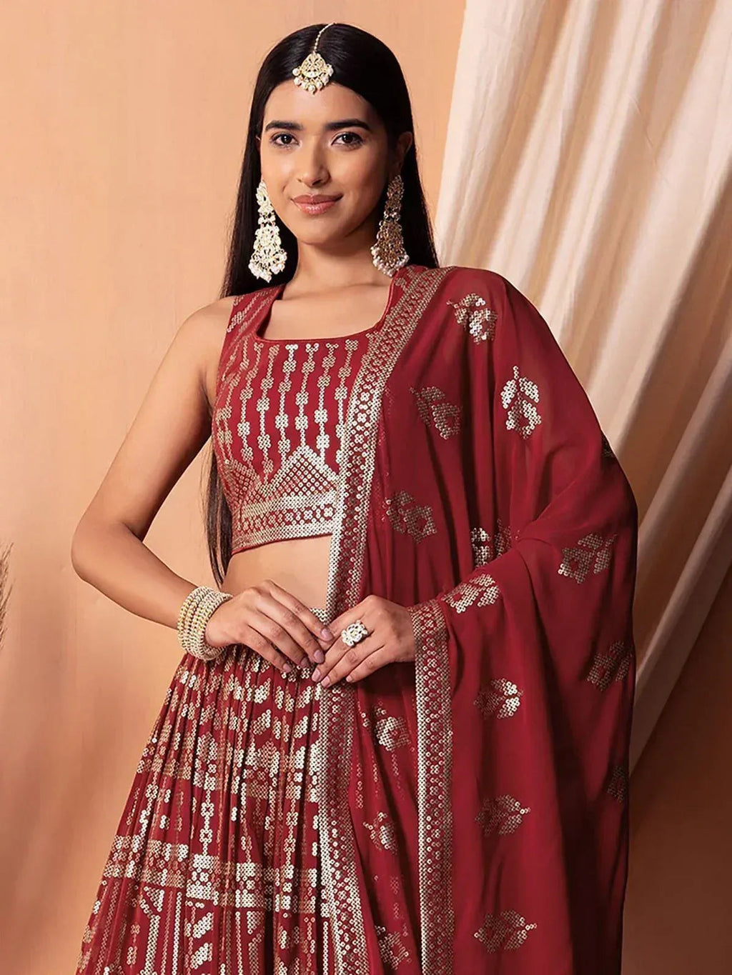 Tulsi Art Bewitching Maroon Sequins Georgette Wedding Wear Lehenga Choli | Grocsy
