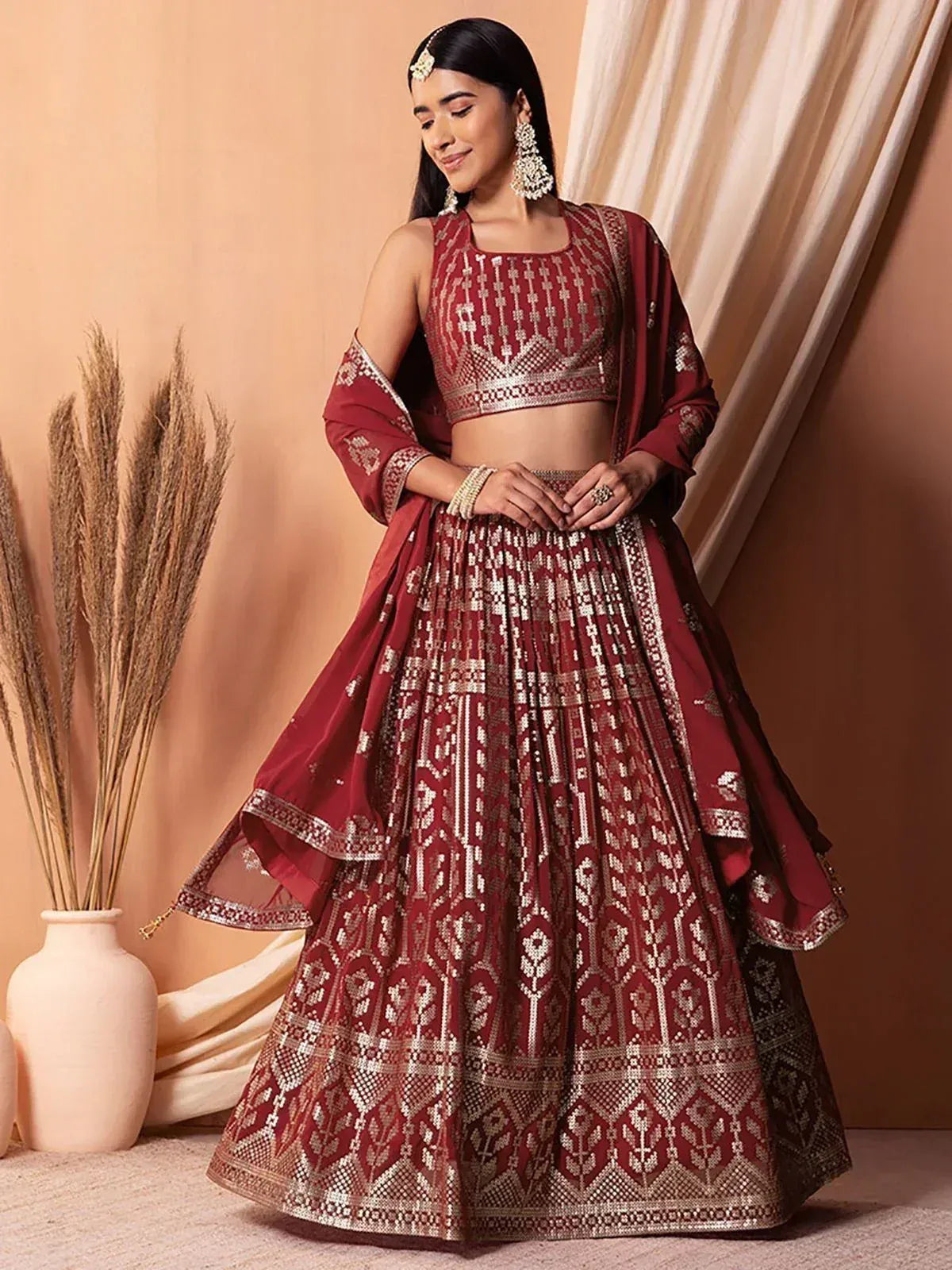 Tulsi Art Bewitching Maroon Sequins Georgette Wedding Wear Lehenga Choli | Grocsy