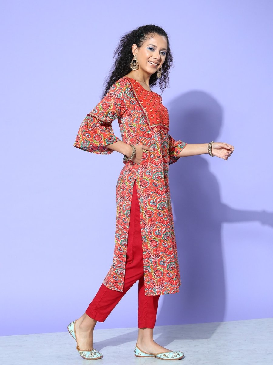 All About You Women Orange & Green Floral Printed Bell Sleeves Gotta Patti Kurta | Grocsy