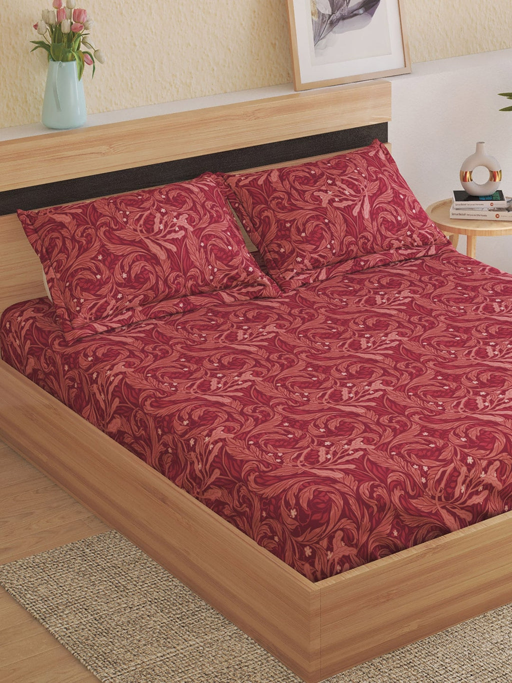 Home Centre Red Ethnic Motifs Cotton 150 TC King Bedsheet With 2 Pillow Covers | Grocsy