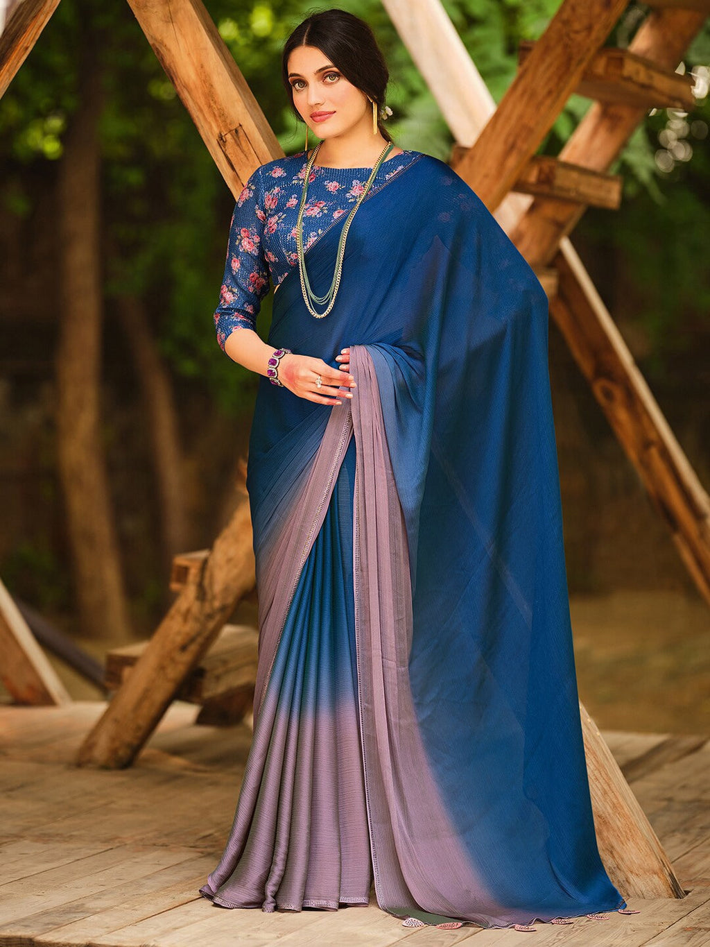 Saree Mall Blue & Mauve Ombre Dyed Sarees | Grocsy