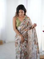 Off White Chinon Designer Digital Printed,Mirror Cut Work Saree - Manvika | Grocsy