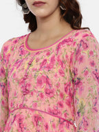 Souchii Pink & Yellow Floral Printed Fit & Flare Dress | Grocsy