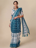 Sangria Teal & White Floral Printed Pure Linen Saree | Grocsy