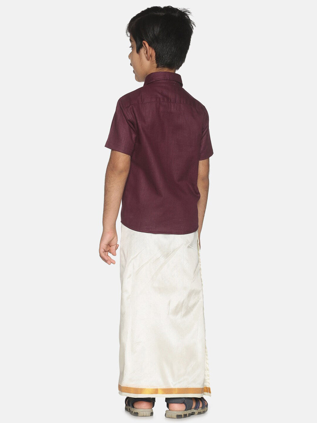 Sethukrishna Boys Maroon & White Pure Cotton Shirt with Dhoti | Grocsy