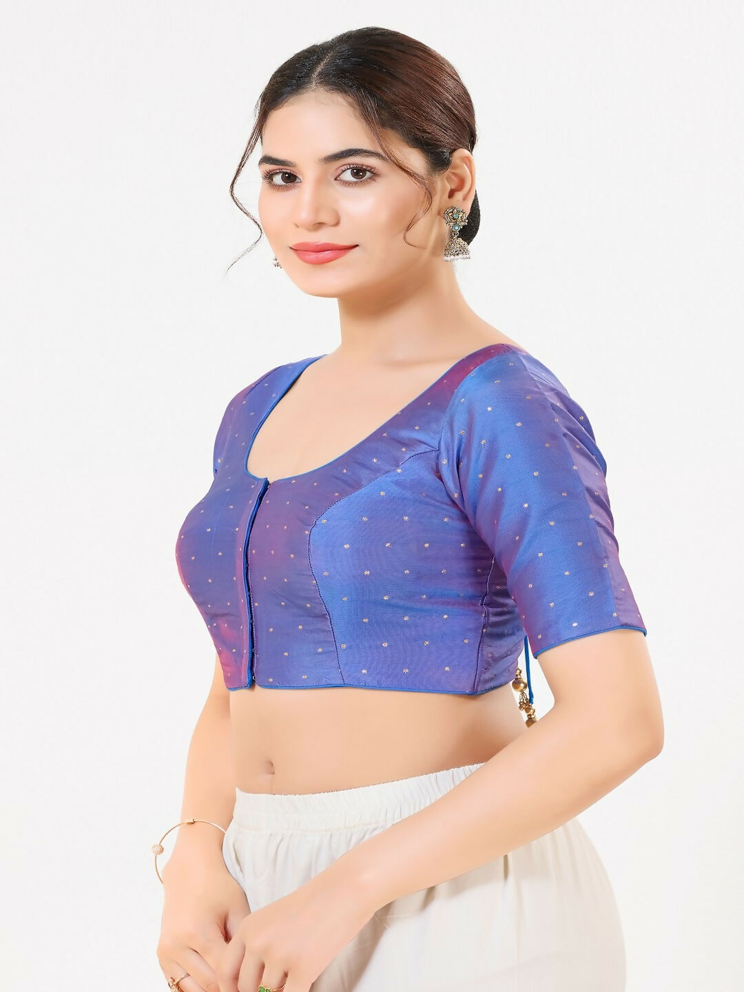Joban Fashion 2t Blue Taffeta Silk Elbow Sleeveless Front Open Blouse | Grocsy