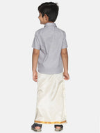 Sethukrishna Boys Grey & White Pure Cotton Shirt With Veshti Set | Grocsy