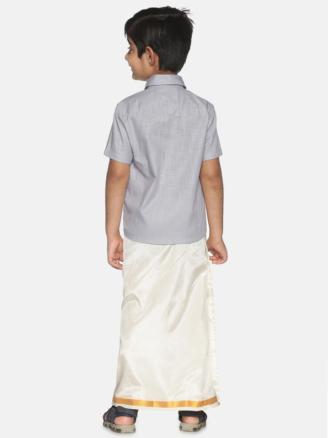 Sethukrishna Boys Grey & White Pure Cotton Shirt With Veshti Set | Grocsy