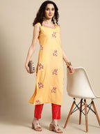 Sangria Women Yellow Floral Embroidered Sequinned Kurta with Trousers | Grocsy