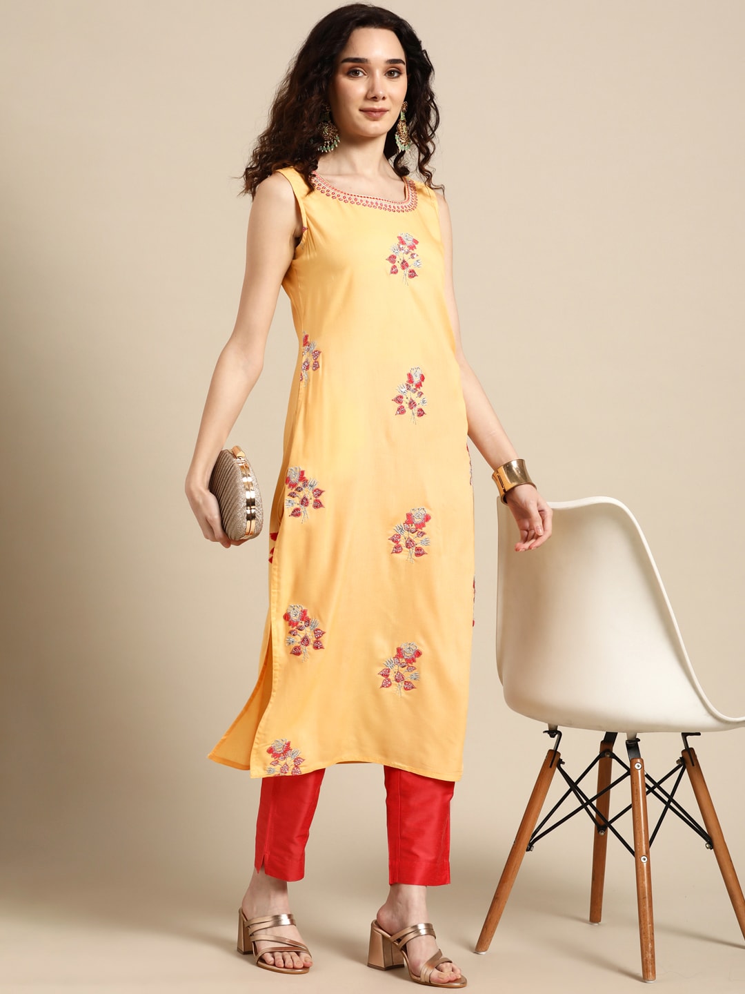 Sangria Women Yellow Floral Embroidered Sequinned Kurta with Trousers | Grocsy