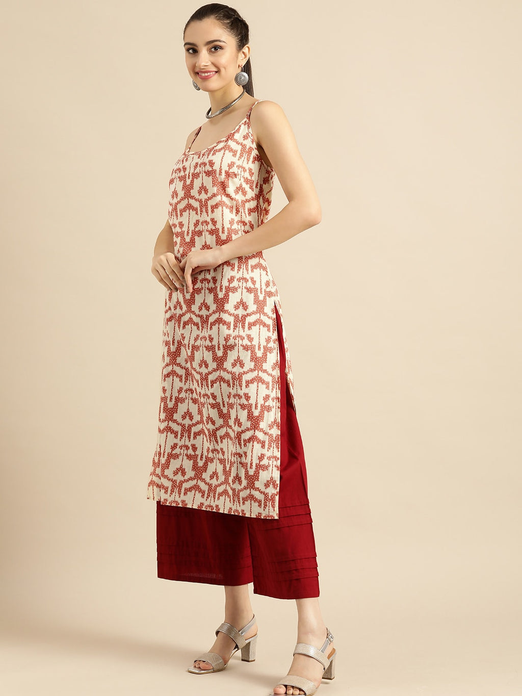 Sangria Women White & Rust Red Printed Cotton Kurta | Grocsy