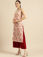 Sangria Women White & Rust Red Printed Cotton Kurta | Grocsy