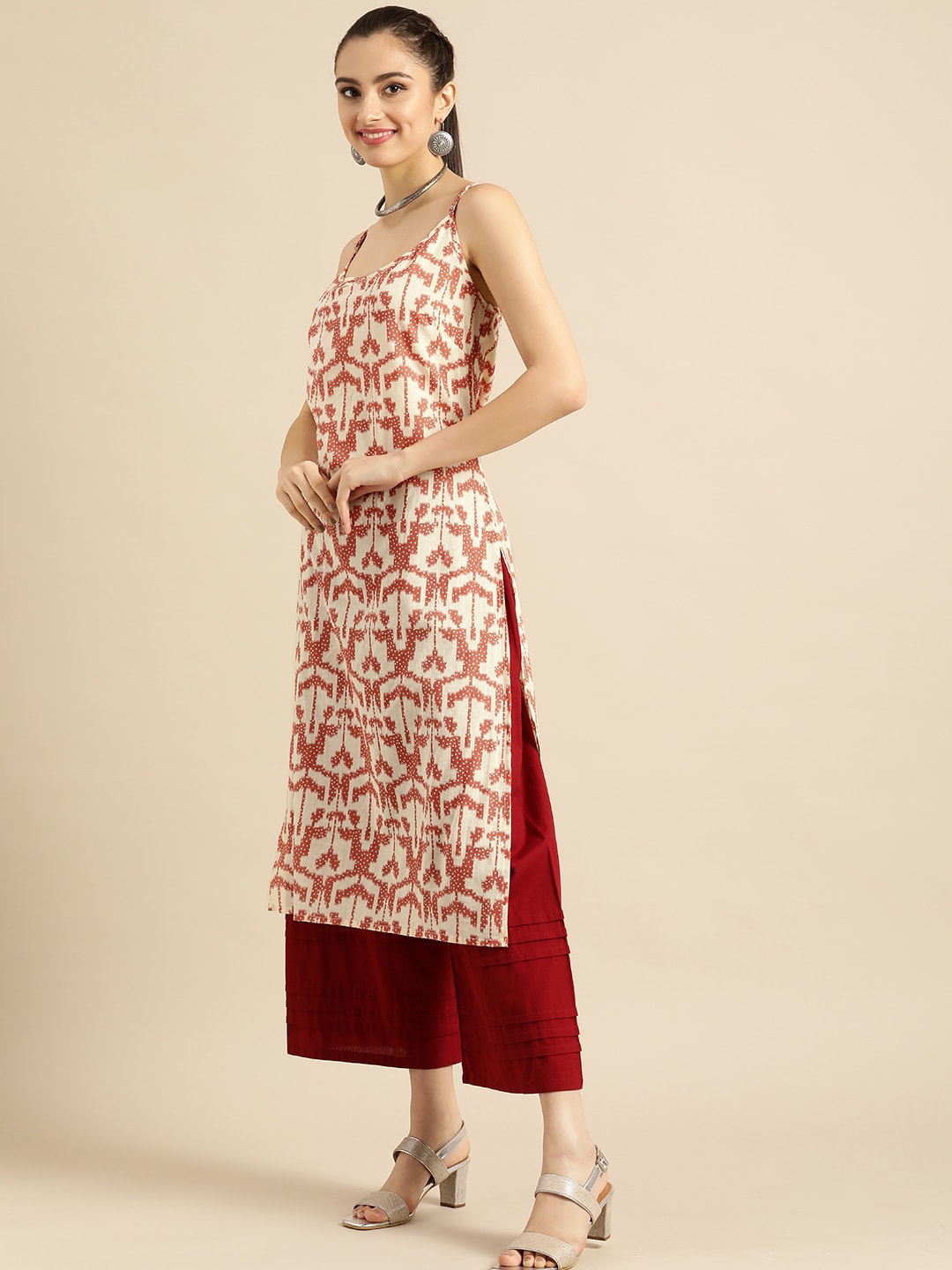 Sangria Women White & Rust Red Printed Cotton Kurta | Grocsy
